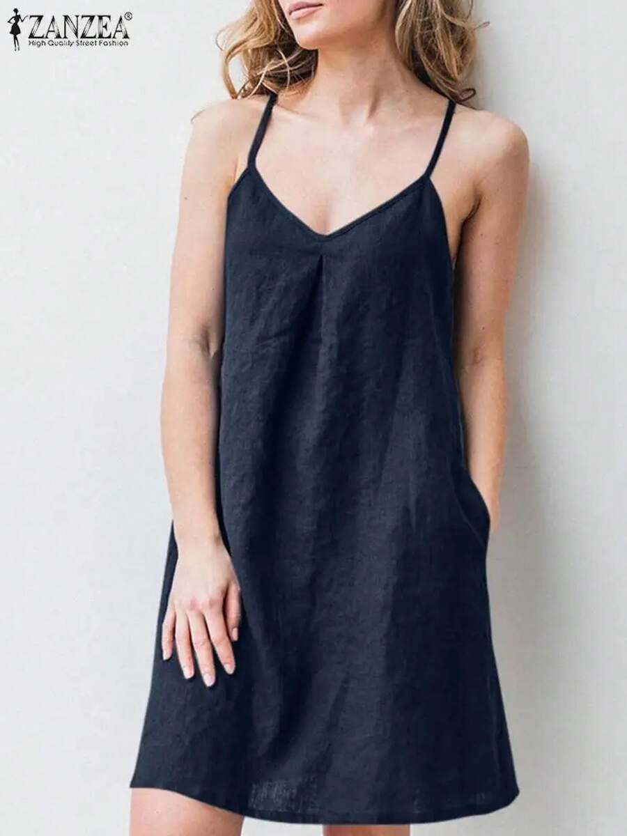 ZANZEA-vestido con tirantes y espalda descubierta para mujer, vestido liso sin mangas con cuello en V, informal, para fiesta y playa, de gran tamaño, 2023 - Marina de - Ver 1