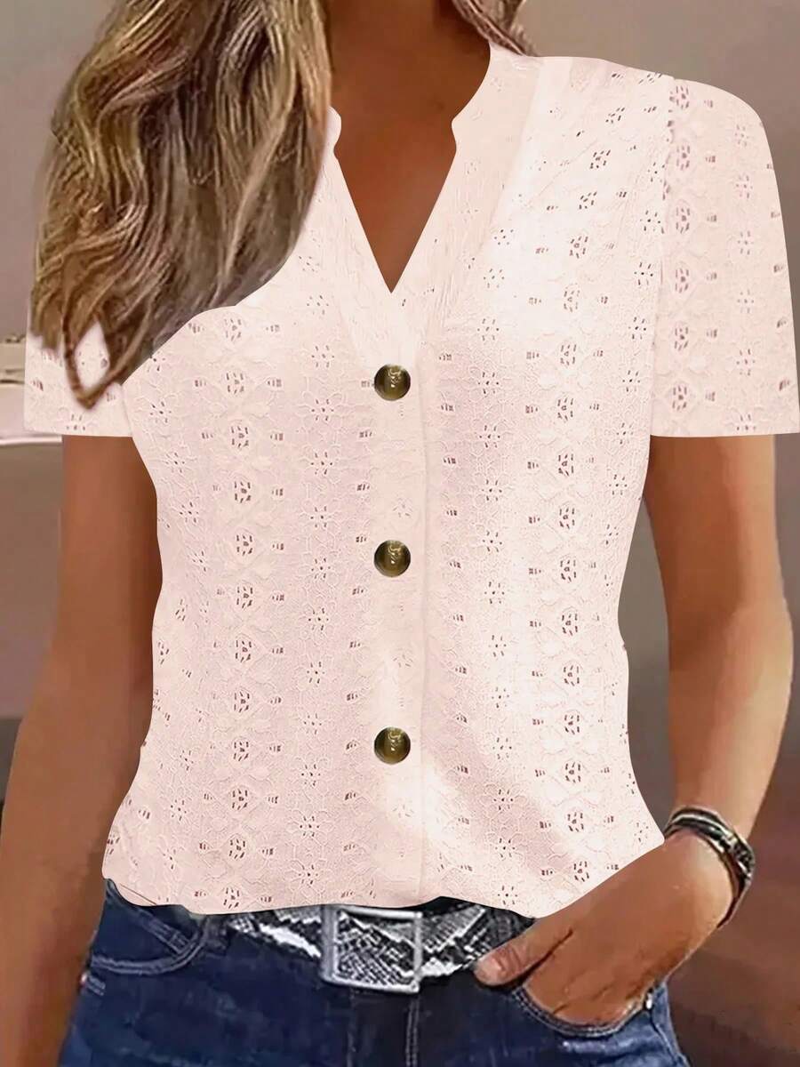 Tops Y2k, blusa informal de verano para mujer, Tops de manga corta con botones y cuello en V, blusas elegantes a la moda, camisas informales holgadas de colores sólidos - XF7780 Rosa - Ver 1