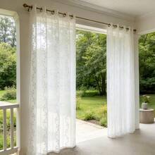 Cortina transparente para exterior com estampa de folhas de outono (1 peça), com design de argolas na parte superior, ideal para gazebo, pátio e varanda. - Branco - Ver 7