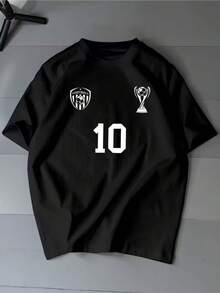 Men's Summer Football Top, Size 10, Crew Neck T-Shirt | Loose And Comfortable, Breathable, Casual Style, Suitable For Summer, Crew Neck, Slightly Elastic Material, With Print And Patch Details, Cotton T-Shirt. - Black - View 7