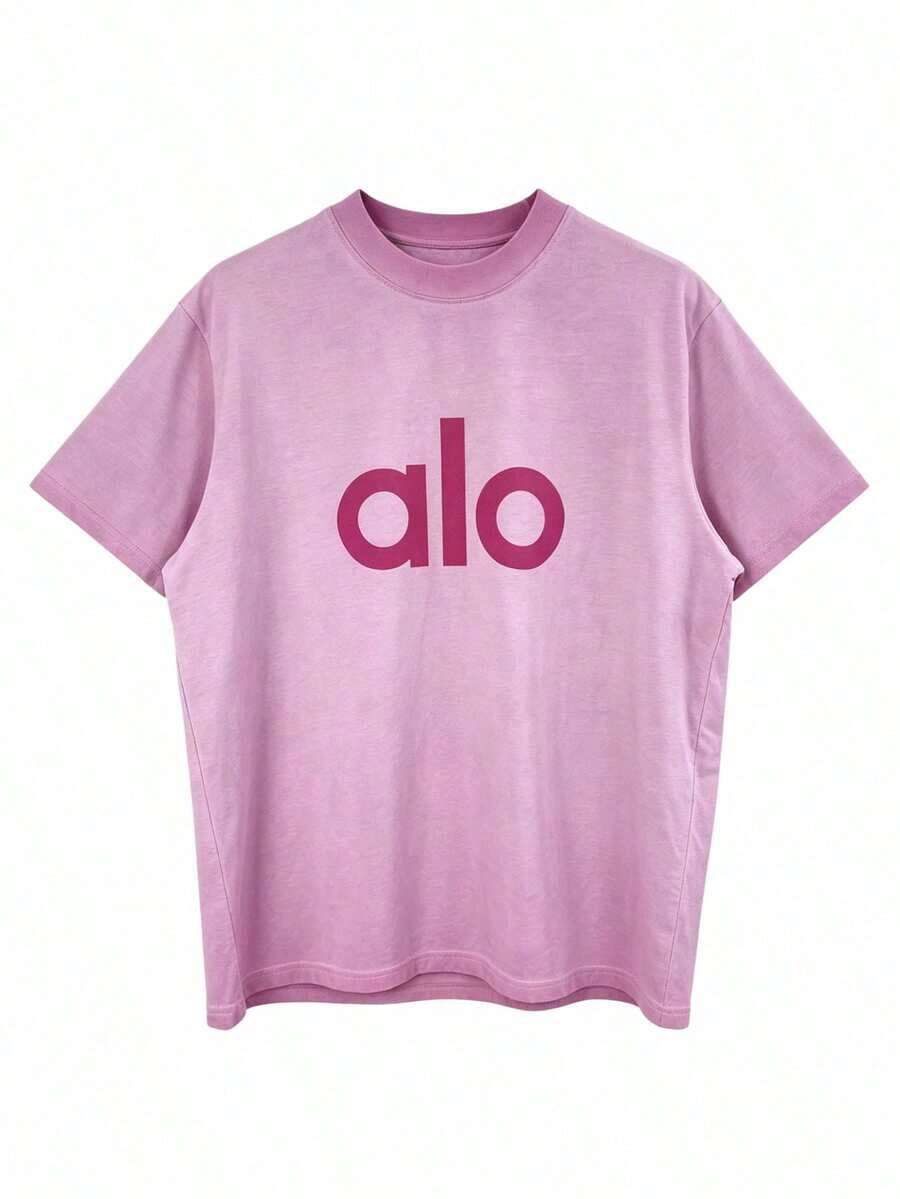 Alo Yoga American Retro Distressed Washed Short-Sleeve Loose T-Shirt, Casual And Slimming Unisex Top - Pink - View 1
