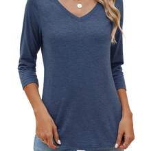 5pcs Set 2025 European And American Fashion Women's 3/4 Sleeve V-Neck Loose Fit Casual Solid Color Basic T-Shirt Blouse - 混合顏色 - 查看 6