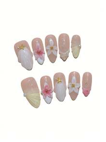 10 Stück mittlere mandelförmige handgemachte Aufklebe-Nägel Set, aprikot & weiße Fake Nägel, sanft süß tragbare Nail Art, geschnitzte Blumen, Muscheln, Seesterne, für Mädchen, Frauen, Alltag, Büro, Schule, Dates, Partys, Proms, Valentinstag Geschenk - Verschiedenfarbig - Übersicht 5