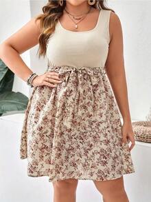 Vestido de verano de talla grande, vestidos de punto con estampado Floral para mujer, sin mangas, hasta la rodilla, talla grande, Control de barriga, vestido elegante informal - Albaricoque - Ver 4