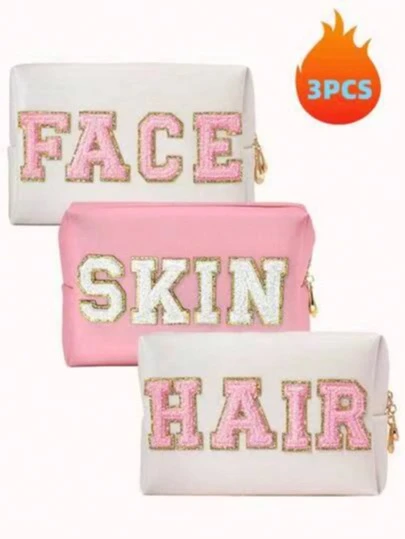 1 Set de bolsa cosmética estilo universitario lindo e impermeable para mujeres/niñas, con pegatinas de letras de felpa aplicables para rostro, cabello, piel, etc. Adecuado para maquillaje de viaje, cuidado de la piel, cuidado facial y almacenamiento de artículos de tocador. También se puede usar como bolsa para esmalte de uñas, bolsa de maquillaje, estuche de vanidad, bolsa de almacenamiento, bolsa de artículos de tocador, regalo para mujer, regalo de Navidad y regalo creativo femenino.