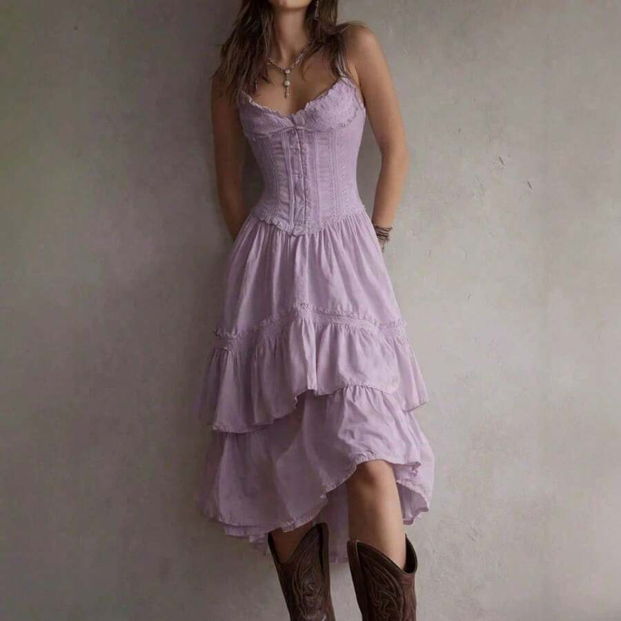 Vestido de tirantes con volantes y diseño de capas que marca la cintura para mujer midi elegante y moderno en colores de  y tejidos ligeros que ofrecen comodidad y estilo con un ajuste perfecto que realza la silueta y es ideal para eventos sociales y looks casuales con detalles únicos - Morado - Ver 1