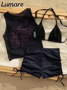 三件套性感休闲露背吊带上衣搭配花卉网纱薄纱罩衫，侧系带泳裤，中等弹力面料，比基尼泳衣套装，适合度假、海滩、泳池活动、沙滩派对、夏季假期。 - 彩色 - 查看 2