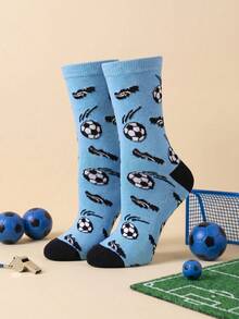 1 Pair Colorful Black & Blue Patchwork Mid-Calf Socks With Football & Soccer Shoe Patterns, Soft & Comfortable Unisex - Multicolor - View 6
