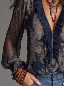 Blusa de gasa con cremallera, estampado de paisley barroco elegante y estilo vacacional, con volantes. Blusa de gasa transparente con estampado floral todo sobre todo para uso diario y vacaciones, primavera/verano - Verde Oscuro - Ver 10