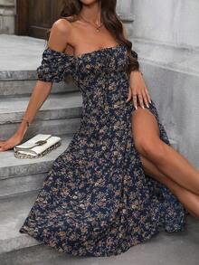 xheBreezaya Vestido largo con estampado floral, abertura a los lados y escote anudado en forma de A para mujerxhe - Azul marino - Ver 6
