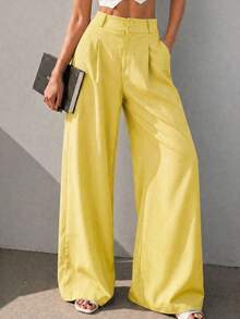 A&DD MODA, REF: AS1341-AS1400, Women's Pants, High Waist, Casual, Wide Leg, Pockets, Elegant, Sophisticated, Modern, Fashion Look, Current Style, Versatile Piece, Comfortable, High Quality, Uncomplicated Look, Women's Fashion. - 黃色 - 查看 3