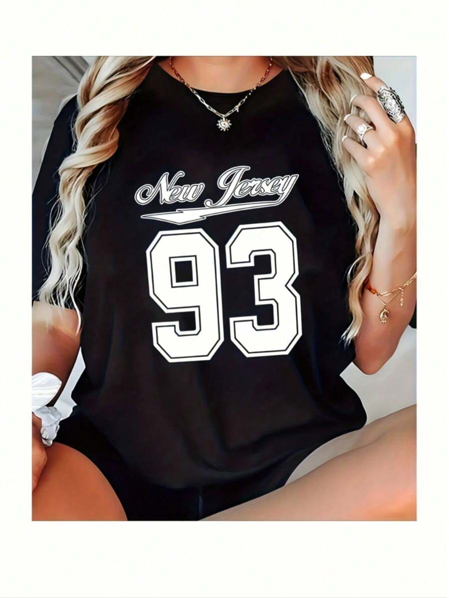 Women's Black T-Shirt With Letter And Number Print, Short-Sleeved Cotton Blend, Round Neck, Casual Top, Valentine's Day Gift, Everyday Wear, Free Shipping - 黑色 - 查看 1