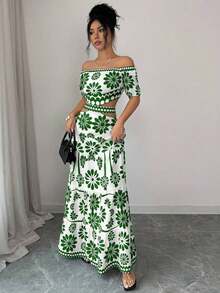 de moda con estampado floral, hombros descubiertos, manga corta y cintura hueca - Verde - Ver 3