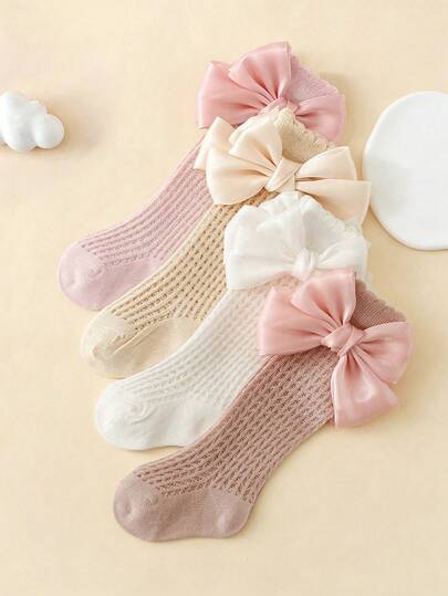 4 Pairs Girls' Sweet Cute Bow Decor Mesh Mid-Calf Socks, Soft Cotton Material, Suitable For Spring, Summer, Autumn And Winter, Princess Style For Daily Wear
