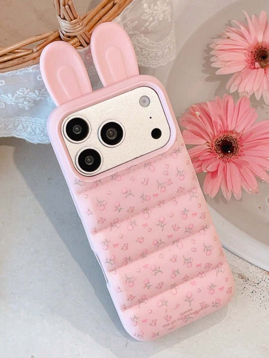 1 chiếc ốp lưng điện thoại 3D hình tai thỏ lấp lấp lánh, tương thích với Apple dòng 13, dòng 17, kiểu dáng Hàn Quốc phổ biến 15 Pro Max, hàng mới về. - Hồng - Xem 1