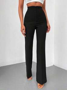 Pantalones rectos de talle alto de color negro sólido, elegantes y casuales, adecuados para uso diario, oficina, traslados, hogar, citas, pequeñas fiestas, eventos sociales ligeros en primavera - Negro - Ver 7
