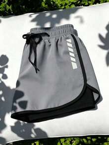 Women's Summer Athletic Shorts, 2 In 1 Running & Fitness Pants, & , Drawstring Waist, Printed, | Adjustable Drawstring Waistband | Sports - Grey - View 5