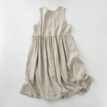 Vestido Casual de Verano 2026 para Mujer, Sin Mangas, de Algodón y Lino, Cuello en V, con Botones, Corte Holgado, Midi - Verde militar - Ver 3