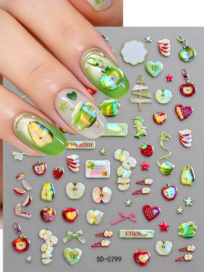 1pc 5D Embossed Matcha Dessert Crystal Nail Art Stickers Self-Adhesive Holographic Fruit Gem Adhesive Sliders Nail Decals DIY Manicure Decoration For Women Girls