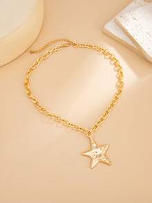 1pc Thick Gold-Plated Chain Necklace With Large Star Pendant, Retro Y2K Style Statement Choker Necklace, Minimalist & Streetwear Jewelry For Women Daily Wear And Party - Gold - View 5