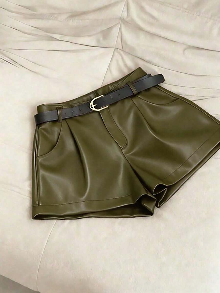 Pantalones cortos plisados de unicolor de piel de PU para mujer, estilo casual y de oficina - Verde militar - Ver 1