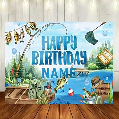 Phông nền "Chúc mừng sinh nhật" chủ đề câu cá có thể tùy chỉnh với hình ảnh thuyền, lưới đánh cá, cần câu và dòng suối ngoài trời, hoàn hảo cho các bữa tiệc sinh nhật của những người đam mê câu cá, phông nền chụp ảnh kỷ niệm sinh nhật (đập bánh kem) và đạo cụ chụp ảnh (chất liệu vinyl).