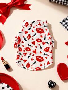 LUCKIE LABO 1pc Cute Lip Print Casual Fashion Dog Shirt With Buttons, Pet Clothes Suitable For Cats And Dogs Indoor And Outdoor - Red and White - View 9