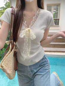 Sweet V-Neck Lace Patchwork Knit Top, Korean Design Slim Fit Short Sleeve T-Shirt For Summer White - White - View 4