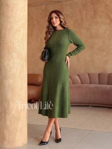 Women's Midi Dress In Mousse Knit, Long Sleeves With Braided Detail, Fitted Waist, Elegant, Winter, Premium, Casual, Party, Work, Travel - 軍綠色 - 查看 8