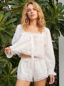 2Pcs Loungewear Sets For Women Puff Long Sleeve Square Neck Ruffled Trim Lace Contrast Tops With Elastic Waist Shorts - White - View 3