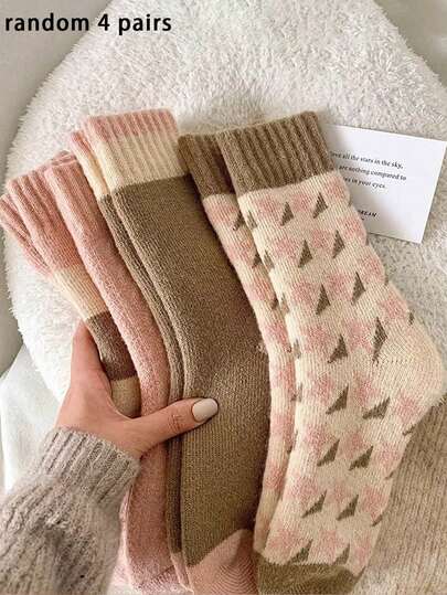 4 Pairs Women's Thermal Lined Mid-Calf Socks, Socks For Autumn/Winter