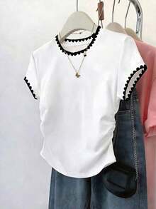 Set de 3 piezas de tops para mujer para exteriores, en color champán, marrón moca y negro, nuevas llegadas de verano, camiseta ajustada con pliegues, de moda y versátil, con estilo callejero fotogénico, imprescindible, de vuelta al colegio, que lla - Multicolor 13 - Ver 7