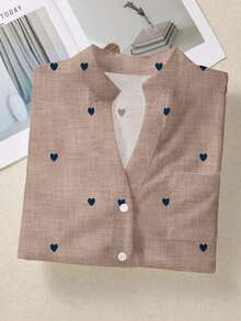 Camisa de mujer de manga larga con botones y bolsillos, con estampado romántico de corazones, adecuada para otoño, invierno y primavera - Café integral - Ver 4
