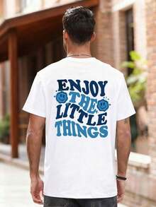 Camiseta casual de cuello redondo y manga corta para hombre, con estampado de lema y letras, adecuada para vacaciones en la playa y uso diario, verano - Azul y blanco - Ver 2