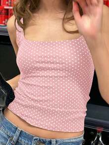Top de punto con estampado de lunares blancos en estilo , blusa sin mangas adecuada para la playa, el trayecto y el uso casual de verano - Rosa - Ver 4
