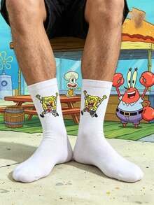 SpongeBob SquarePants 1 đôi tất nam màu trắng in hình hoạt hình bọt biển, ngộ nghĩnh và thoải mái, thích hợp mặc hàng ngày, cả bốn mùa. - Nhiều màu - Xem 5