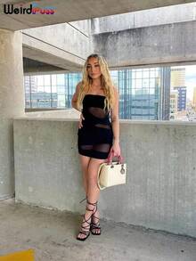 Vestido de fiesta con diseño de gato extraño sin tirantes para mujer, malla de retales,  de verano, sin mangas, minivestido Sexy a la cadera de medianoche, ceñido al cuerpo, ropa para discoteca - Negro - Ver 2