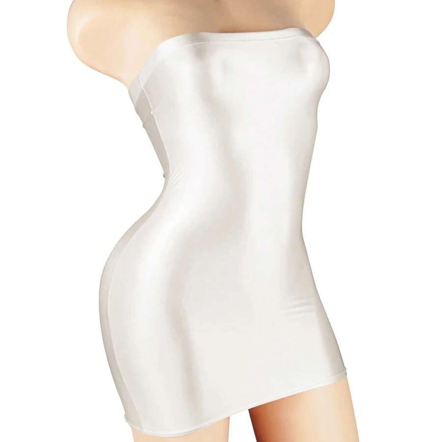 Mini vestido Sexy de satén brillante transparente, minivestido transparente, ajustado, ajustado, liso, para Club - BLANCO - Ver 1