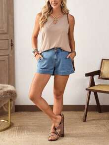 Shorts vaqueros lavados informales para mujer, de verano - Azul - Ver 7