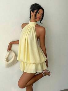 Vestido mini elegante de mujer con cuello de halter y corbata en color amarillo claro - Amarillo - Ver 9