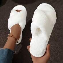 Cross Design Plush Slippers, Warm Indoor Anti-Slip Soft Thick Sole Winter Couples Furry Slippers - Women's Slippers - View 15