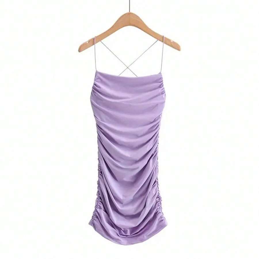 Minivestidos ajustados con espalda descubierta y tirantes cruzados para mujer, vestido Sexy sin mangas plisado con parte inferior envuelta en la cadera, ceñido al cuerpo para discoteca, verano - Lavanda - Ver 1