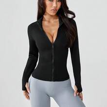 Ropa de yoga para mujer en otoño, chaqueta con cremallera, top deportivo, ropa de abrigo ajustada de manga larga, entrenamiento profesional para correr y fitnes - Negro - Ver 3