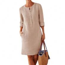 Vestido tipo túnica informal de algodón y lino de manga larga para mujer, vestido recto Vintage de manga larga, minivestido largo hasta la rodilla de gran tamaño - Caqui - Ver 1