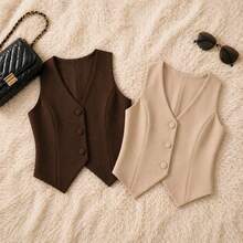 Women's Vest Set With Covered Buttons - Brown and Beige - View 1