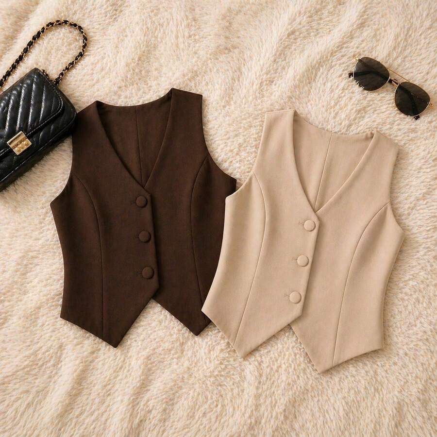 Women's Vest Set With Covered Buttons - Brown and Beige - View 1