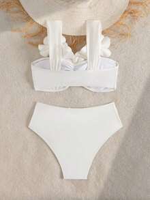 Bonvoyette Conjunto de bikini de flores 3D tejido, atuendo sexy para fiesta de playa y piscina, adecuado para vacaciones, Año Nuevo, Navidad, verano - Blanco - Ver 7