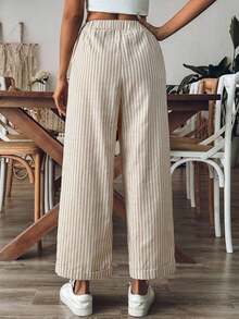 Pantalones sueltos holgados de mujer con estampado de rayas, cintura con cordón y bolsillos, versátiles - Blanco y Negro - Ver 9
