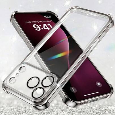 1 Stück Silber Luxus Elektroplattiert Transparente Quad-Ecken Luftpolster Sturzsichere Linsen Schutzfolie Stoßabsorbierende Weiche Stoßleiste Hochwertige Mode Schwerkraft Beständige Handyhülle Kompatibel mit Apple 17 Pro/17 Pro Max/Air/17/17E/16 Pro/16 Pro Max/16 Plus/16/16E/15 Pro/15 Pro Max/15 Plus/15 und Galaxy S26 Ultra/S26 Plus/S26/S26 Edge/S26 Pro/S25 Ultra/S25 Plus/S25/S25 Edge/S25 FE/A57/A37/A17/A07/A56/A36/A26/A55/A35/A25/A15/A24/A34/A14/A16/A06/A05S