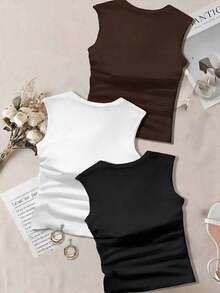 paquete de 3 Tops de tirantes para mujeres con cuello cuadrado acolchado, sin sujetador, ajuste delgado - Multicolor 2 - Ver 2